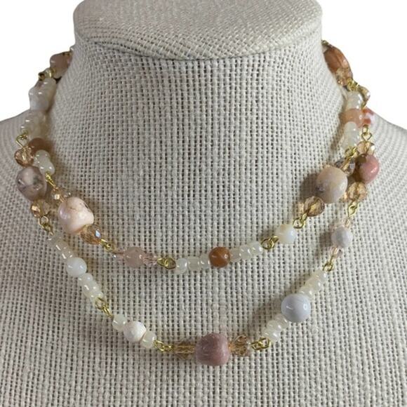 Peruvian pink opal semiprecious necklace.‎ Crystals And agate 30 inches long - Picture 1 of 2